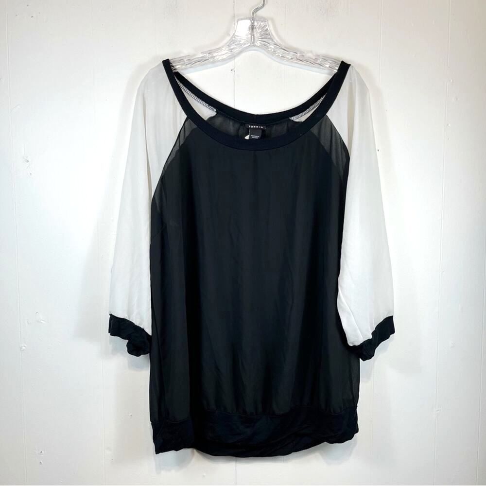 Torrid Black + White Sleeve Semi Sheer Shell Blouse Plus Size Woman's 1XL